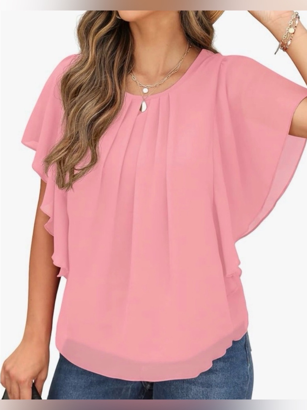 NWT 🌸 QIXING Dusty Pink Flutter Sleeve Blouse – Size XL